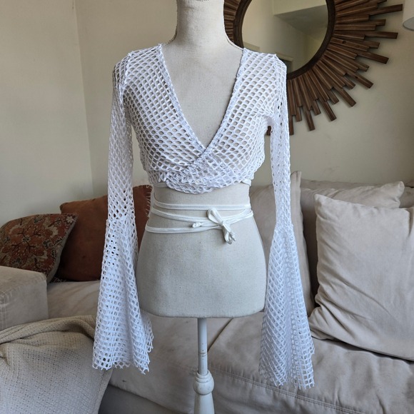 Dolls Kill Tops - Dolls Kill Club Exx L Techno Fantasy Fishnet Wrap Bell Sleeve White Long Sleeve